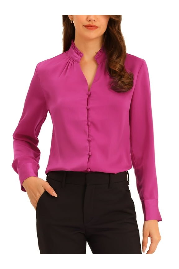 Women's Ruffled Stand Collar Long Sleeve Button Office Satin Shirt XL Fuchsia