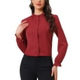 thumbnail image 1 of INSPIRE CHIC Women's Ruffled Trim Button Down Stand Collar Long Sleeve Blouse Top L Dark Red, 1 of 6