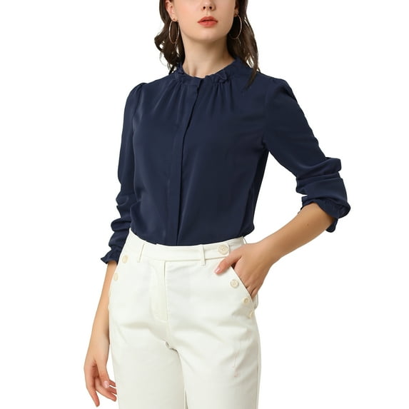 INSPIRE CHIC Women's Ruffled Trim Button Down Stand Collar Long Sleeve Blouse Top L Navy Blue