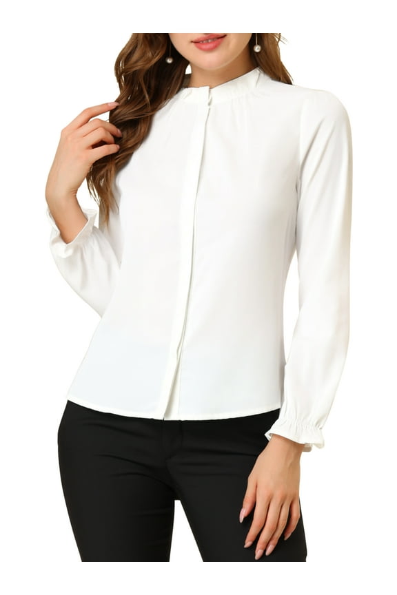Women's Ruffled Trim Button Down Stand Collar Long Sleeve Blouse Top L White