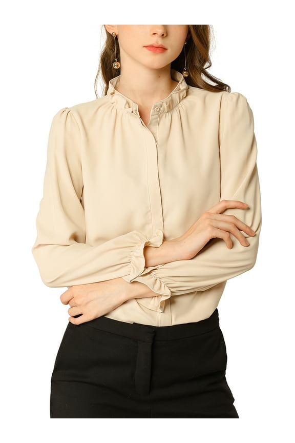 Women's Ruffled Trim Button Down Stand Collar Long Sleeve Blouse Top M Apricot