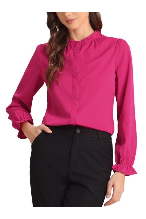 Women's Ruffled Trim Button Down Stand Collar Long Sleeve Blouse Top S Hot Pink