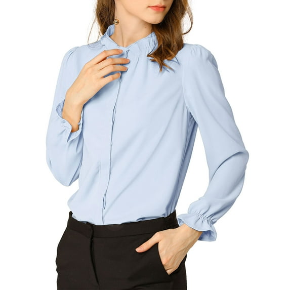 INSPIRE CHIC Easter Outfit Women's Ruffled Trim Button Down Stand Collar Long Sleeve Blouse Top XS Light Blue