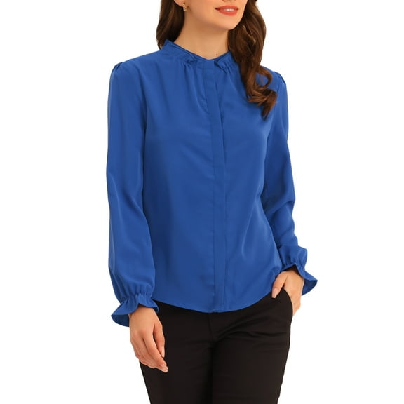 INSPIRE CHIC Women's Ruffled Trim Button Down Stand Collar Long Sleeve Blouse Top XS Royal Blue