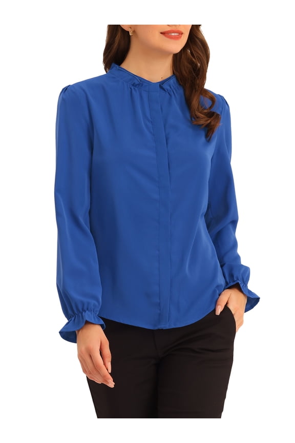 Women's Ruffled Trim Button Down Stand Collar Long Sleeve Blouse Top XS Royal Blue