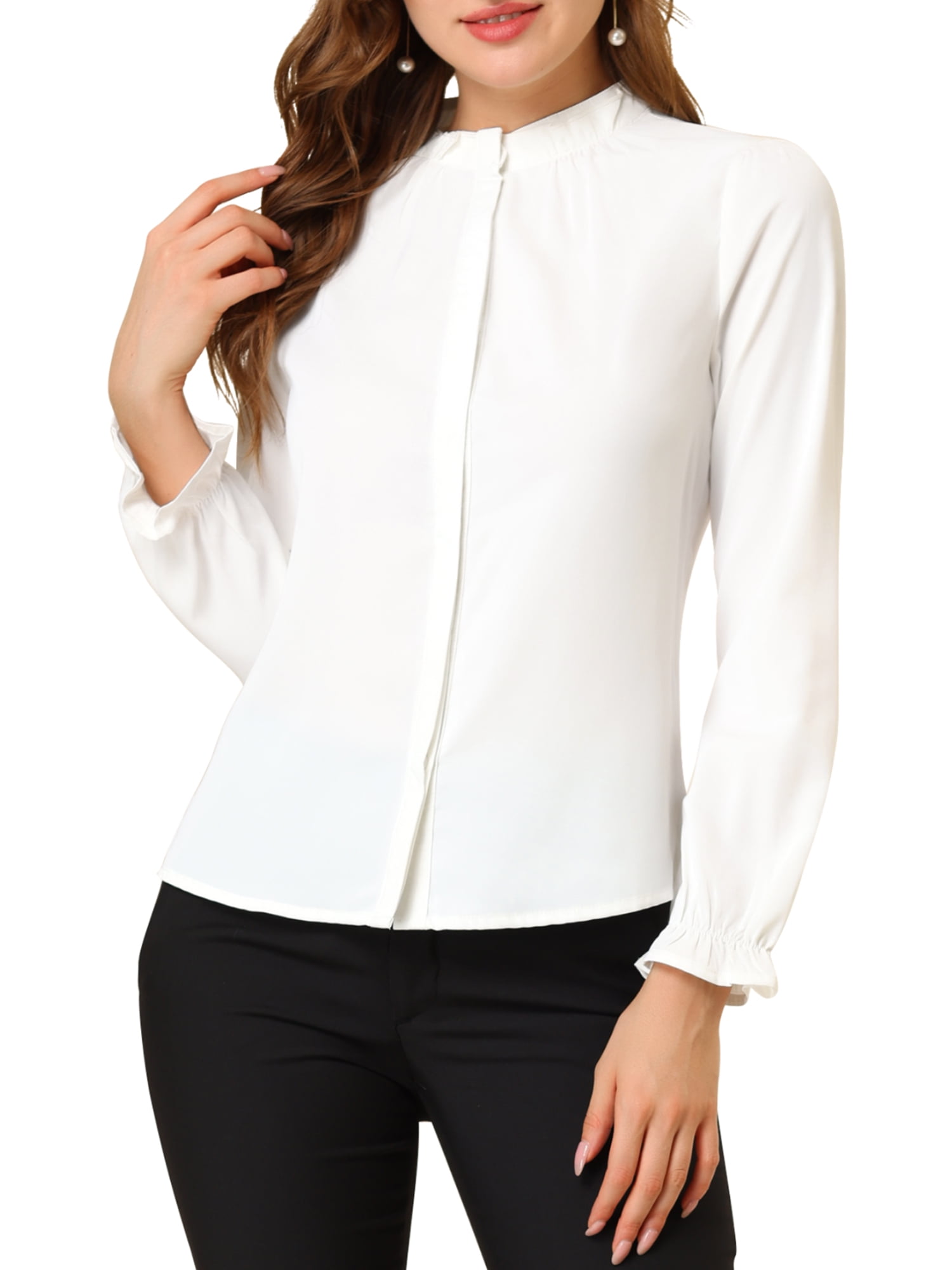 Allegra K Women's Point Collar Long Sleeve Button Down Floral Shirt Black  Small