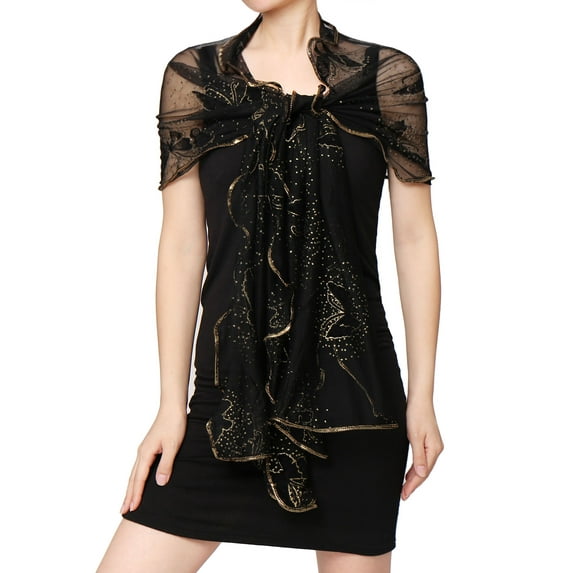 INSPIRE CHIC Women's Ruffled Trim Shiny Semi Sheer Rectangular Scarf Black