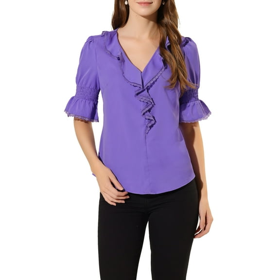 INSPIRE CHIC Women's Ruffled V Neck Puff Elbow Sleeve Semi-Sheer Chiffon Blouse XS Violet