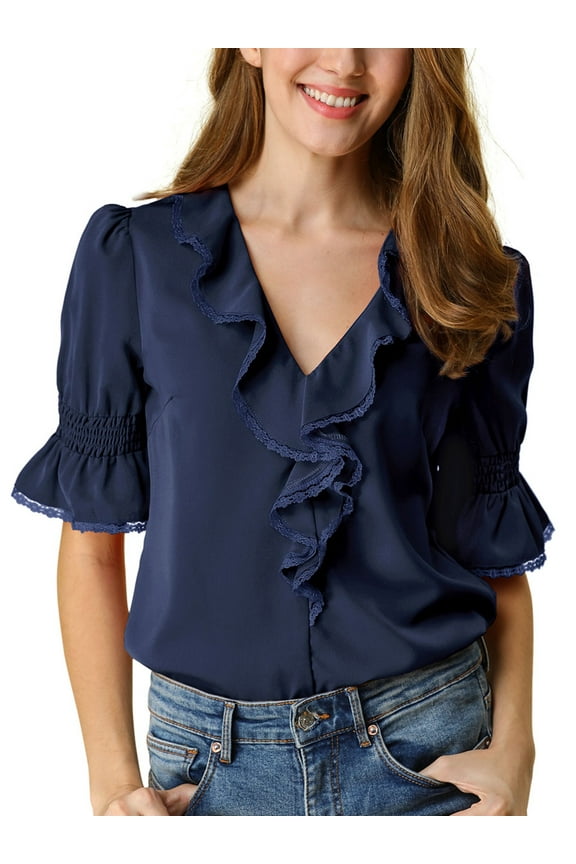 Women's Ruffled V Neck Puff Elbow Sleeve Semi-Sheer Chiffon Blouse L Navy Blue