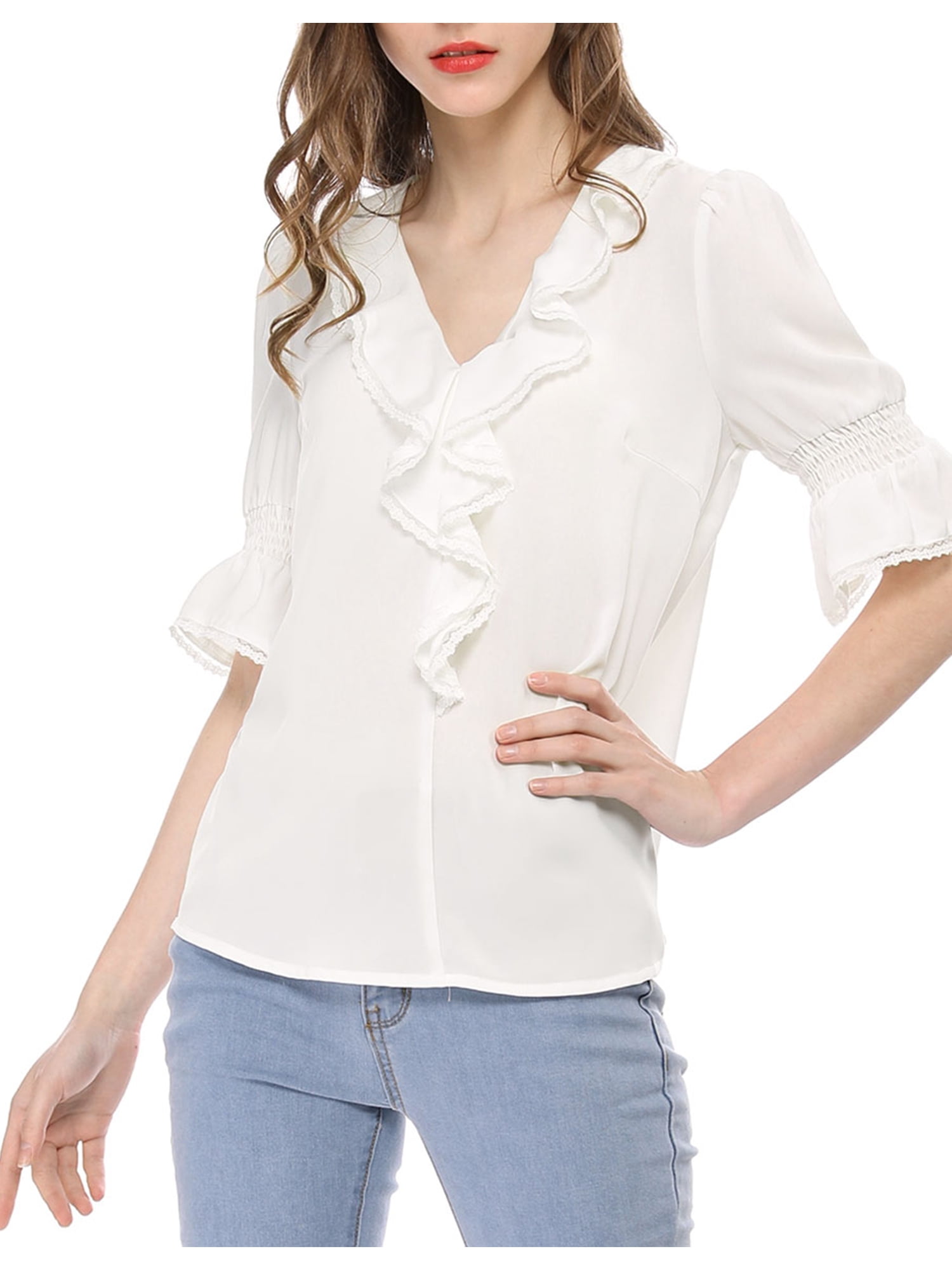 Women's Ruffled V-neck Puff Sleeve Chiffon Summer main image 1