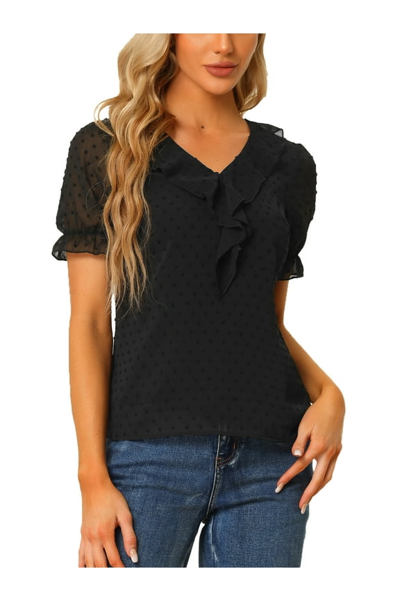 Women's Ruffled V Neck Swiss Dots Semi-Sheer Chiffon Peasant Blouse