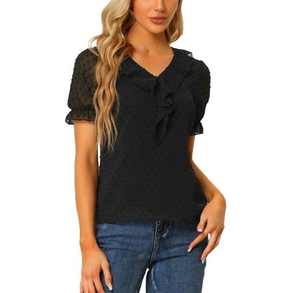 Allegra K Women's Ruffled V Neck Swiss Dots Semi-Sheer Chiffon Peasant Blouse