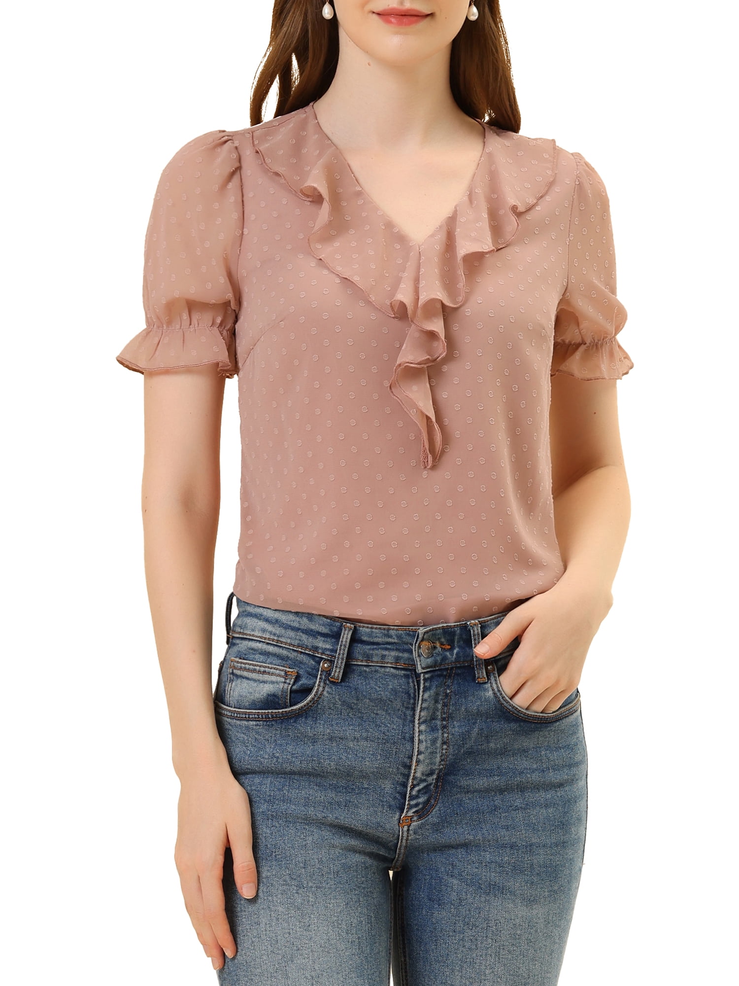 Peasant Blouse Allegra K Women's Swiss Dots Long Sleeve Ruffled