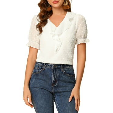 Allegra K Women's Ruffled V Neck Swiss Dots Semi-Sheer Chiffon Peasant Blouse