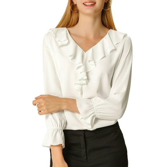 INSPIRE CHIC Women's Ruffle Blouse Wear-to-Work Elegant V Neck Long Sleeve Dressy Top L White
