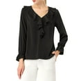 thumbnail image 1 of INSPIRE CHIC Women's Ruffle Blouse Wear-to-Work Elegant V Neck Long Sleeve Dressy Top M Black, 1 of 9