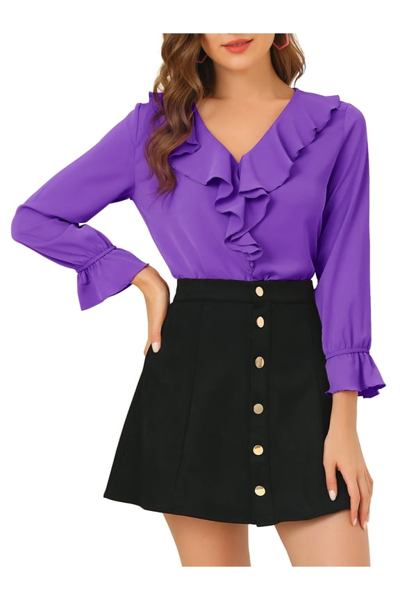 Women's Ruffle Blouse Wear-to-Work Elegant V Neck Long Sleeve Dressy Top M Dark Purple