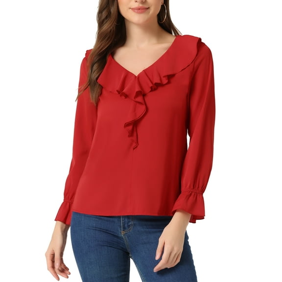 INSPIRE CHIC Women's Ruffle Blouse Wear-to-Work Elegant V Neck Long Sleeve Dressy Top M Red