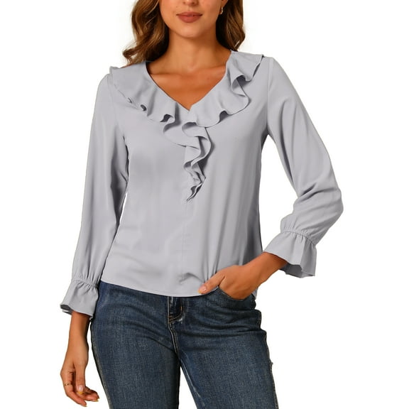 INSPIRE CHIC Women's Ruffle Blouse Wear-to-Work Elegant V Neck Long Sleeve Dressy Top S Light Grey