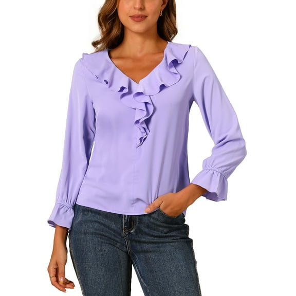 INSPIRE CHIC Women's Ruffle Blouse Wear-to-Work Elegant V Neck Long Sleeve Dressy Top S Light Purple