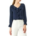 thumbnail image 1 of INSPIRE CHIC Women's Ruffle Blouse Wear-to-Work Elegant V Neck Long Sleeve Dressy Top XS Dark Blue, 1 of 9