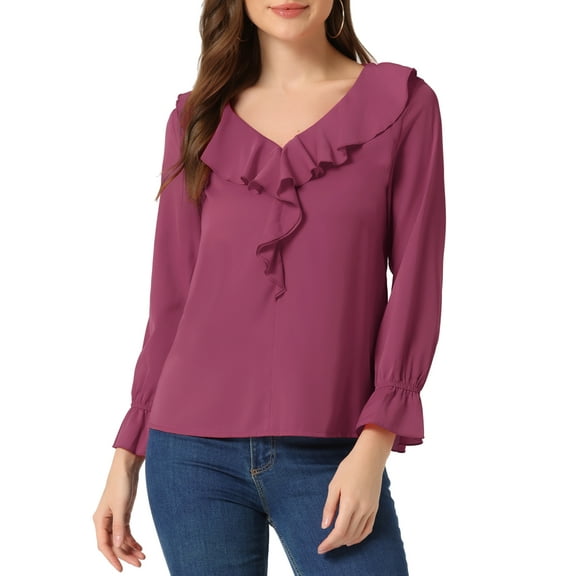INSPIRE CHIC Women's Ruffle Blouse Wear-to-Work Elegant V Neck Long Sleeve Dressy Top XS Fushcia