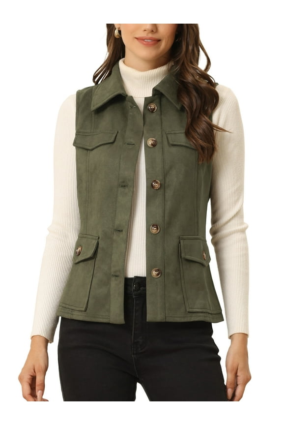 Women's Vest Button Front Sleeveless Faux Suede Utility Cargo Jacket with Pockets Army Green L