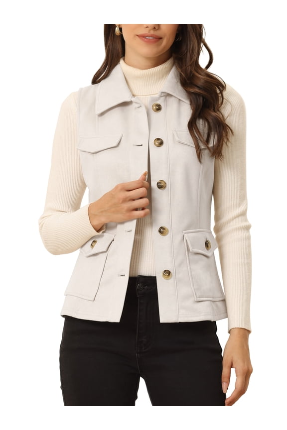 Women's Vest Button Front Sleeveless Faux Suede Utility Cargo Jacket with Pockets Beige M