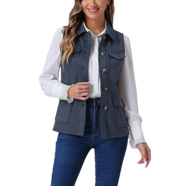 INSPIRE CHIC Women's Rustic Sleeveless Jacket Button Up Faux Suede Utility Anorak Cargo Vest M Dark Blue