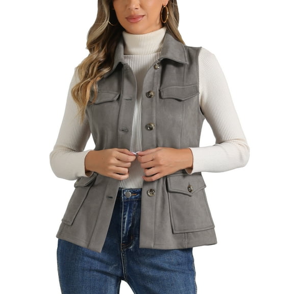 INSPIRE CHIC Women's Utility Cargo Vest Button Front Sleeveless Faux Suede Jacket with Pockets M Dark Grey