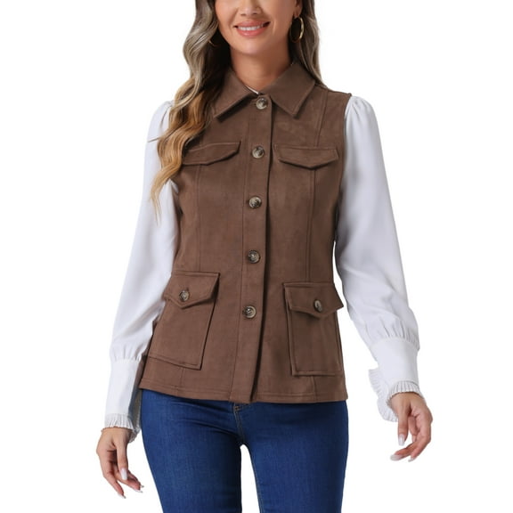 INSPIRE CHIC Women's Utility Cargo Vest Button Front Sleeveless Faux Suede Jacket with Pockets S Coffee