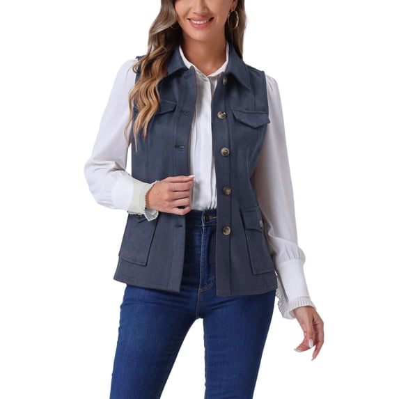 INSPIRE CHIC Women's Vest Button Front Sleeveless Faux Suede Utility Cargo Jacket with Pockets Dark Blue S