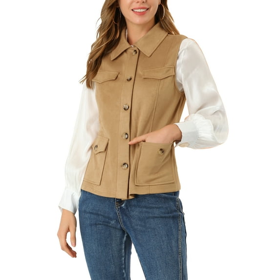 INSPIRE CHIC Women's Vest Button Front Sleeveless Faux Suede Utility Cargo Jacket with Pockets XL Khaki