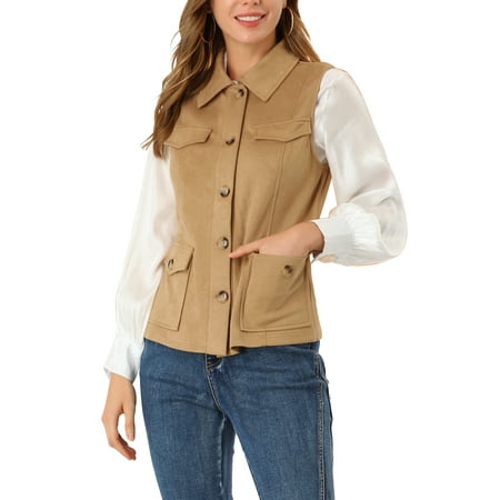 INSPIRE CHIC Women's Vest Button Front Sleeveless Faux Suede Utility Cargo Jacket with Pockets XS Khaki