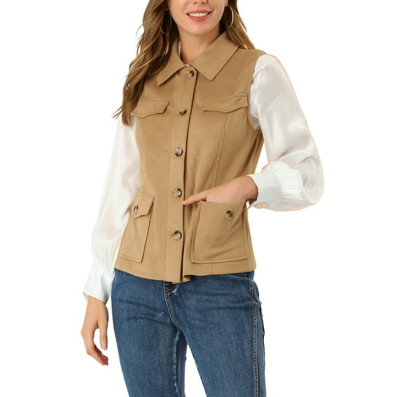 INSPIRE CHIC Women's Utility Cargo Vest Button Front Sleeveless Faux Suede Jacket with Pockets XS Khaki