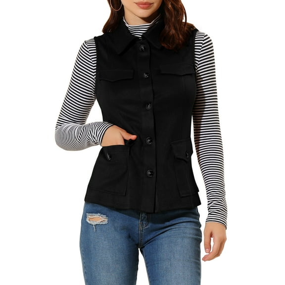 INSPIRE CHIC Women's Utility Cargo Vest Button Front Sleeveless Faux Suede Jacket with Pockets S Black