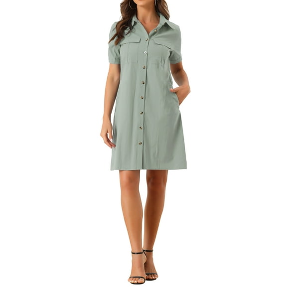 INSPIRE CHIC Women's Safari Dress Summer Collared Button Down Cotton Belted Shirtdress M Gray Green