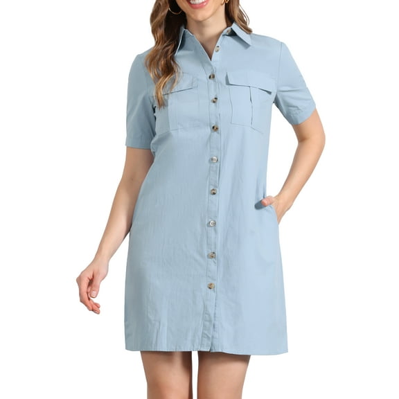 INSPIRE CHIC Women's Safari Dress Summer Collared Button Down Cotton Belted Shirtdress M Light Blue