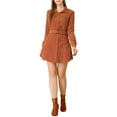 thumbnail image 1 of INSPIRE CHIC Women's Safari Point Collar Button Down Belted Corduroy Shirt Dress S Caramel, 1 of 6