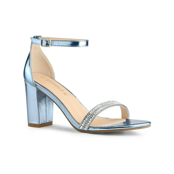 BLISSFUL STEP Women's Sandals Rhinestone Chunky Heel Ankle Strap Open Toe Party Shoes Blue 6
