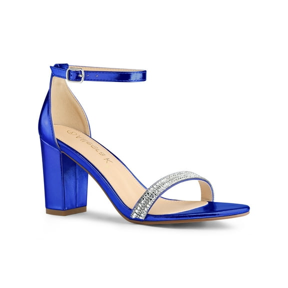 BLISSFUL STEP Women's Sandals Rhinestone Chunky Heel Ankle Strap Open Toe Party Shoes Deep Blue 9