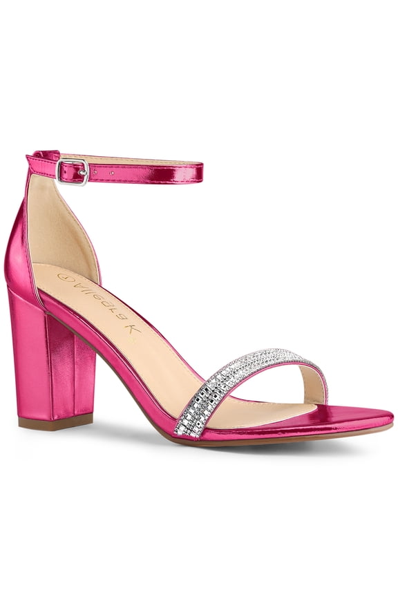 Women's Sandals Rhinestone Chunky Heel Ankle Strap Open Toe Party Shoes Hot Pink 8.5