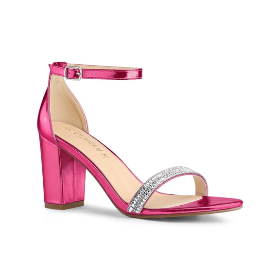BLISSFUL STEP Women's Sandals Rhinestone Chunky Heel Ankle Strap Open Toe Party Shoes Hot Pink 8