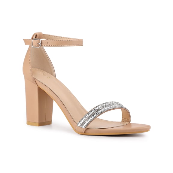 BLISSFUL STEP Women's Sandals Rhinestone Chunky Heel Ankle Strap Open Toe Party Shoes Nude 6