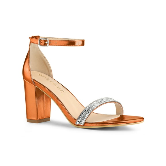 BLISSFUL STEP Women's Sandals Rhinestone Chunky Heel Ankle Strap Open Toe Party Shoes Orange 8