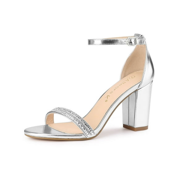 BLISSFUL STEP Women's Sandals Rhinestone Chunky Heel Ankle Strap Open Toe Party Shoes Silver 6