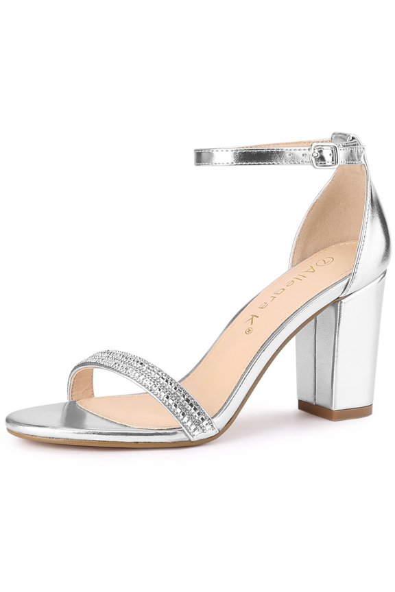 Women's Sandals Rhinestone Chunky Heel Ankle Strap Open Toe Party Shoes Silver 6