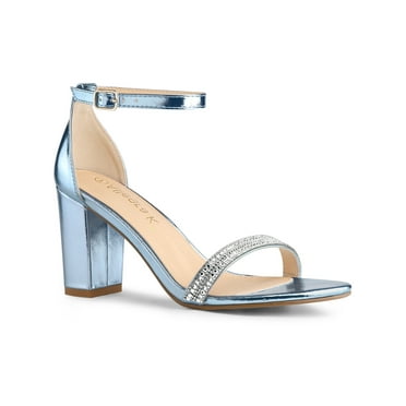 BLISSFUL STEP Women's Sandals Block Heels Solid Rhines Ankle Strap Sandals