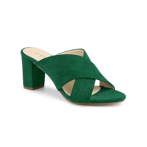 BLISSFUL STEP Women's Sandals Block Heels Crisscross Strap Mules Slide Sandals Green 10