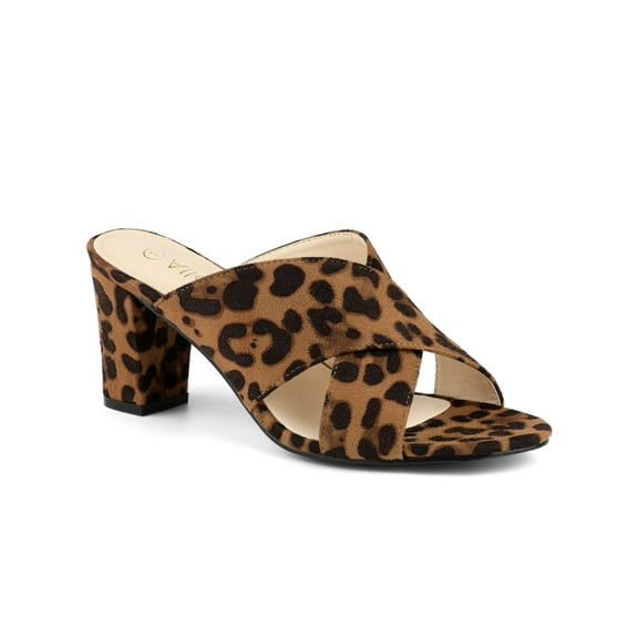 BLISSFUL STEP Women's Sandals Block Heels Crisscross Strap Mules Slide Sandals Brown Leopard 10